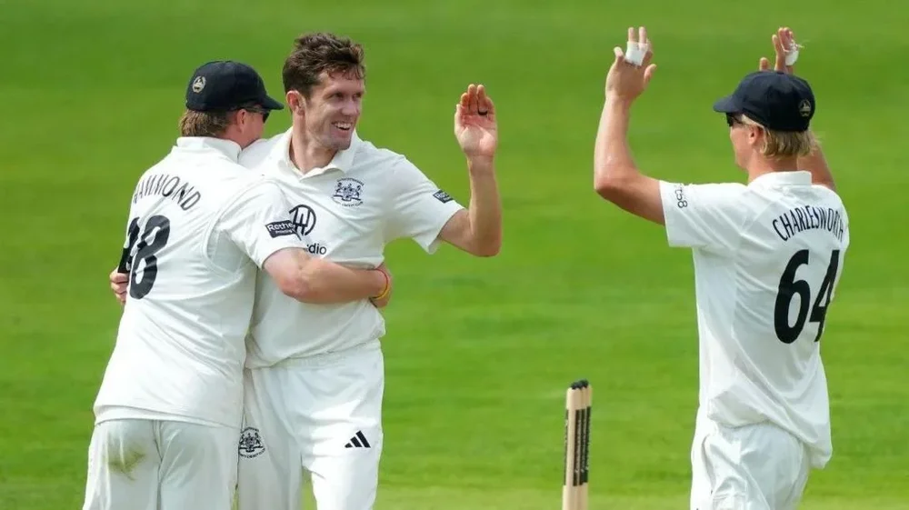 Pic Caption: Gloucestershire's Will Williams is congratulated by team-mates Miles Hammond and Ben Charlesworth after claiming the wicket of Kent captain Daniel Bell-Drummond on the second day of the Rothesay County Championship match at the Seat Unique Stadium, Bristol.